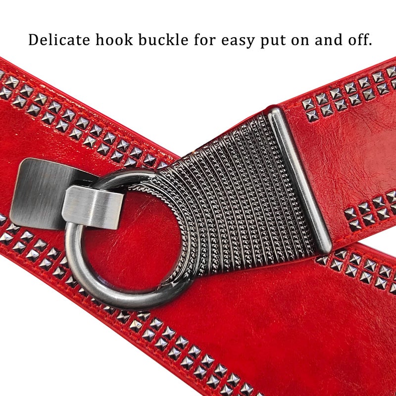 macoking Studded Wide Belts for Women Elastic Chunky Waistband for 80s Dress, Red, M - Image 4
